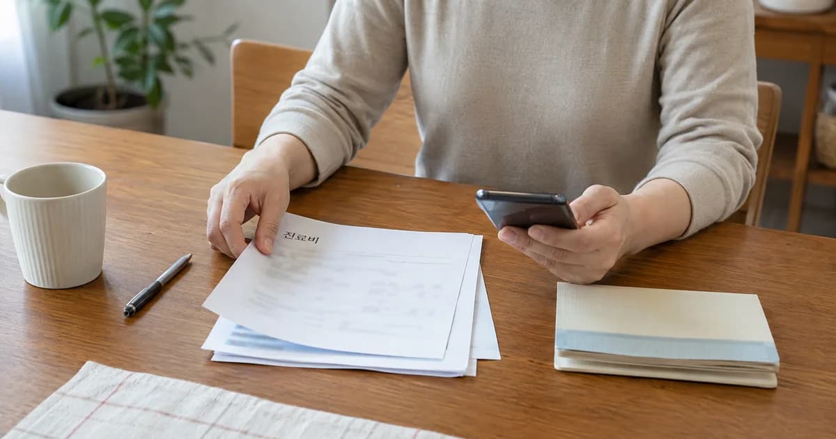휴대전화와 진료비 서류를 함께 확인하는 모습 — AI 생성 예시 이미지
