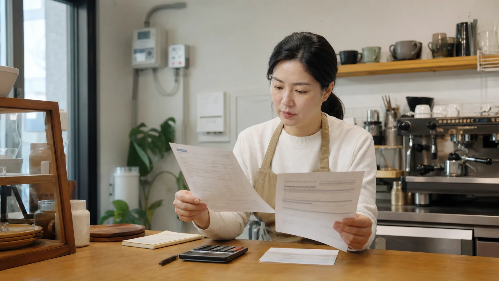 카페 운영자가 전기요금과 가스요금 고지서를 나란히 확인하는 모습