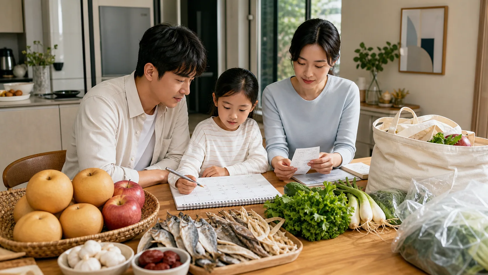 추석 장보기 목록과 시장 영수증을 식탁에서 분류하는 가족
