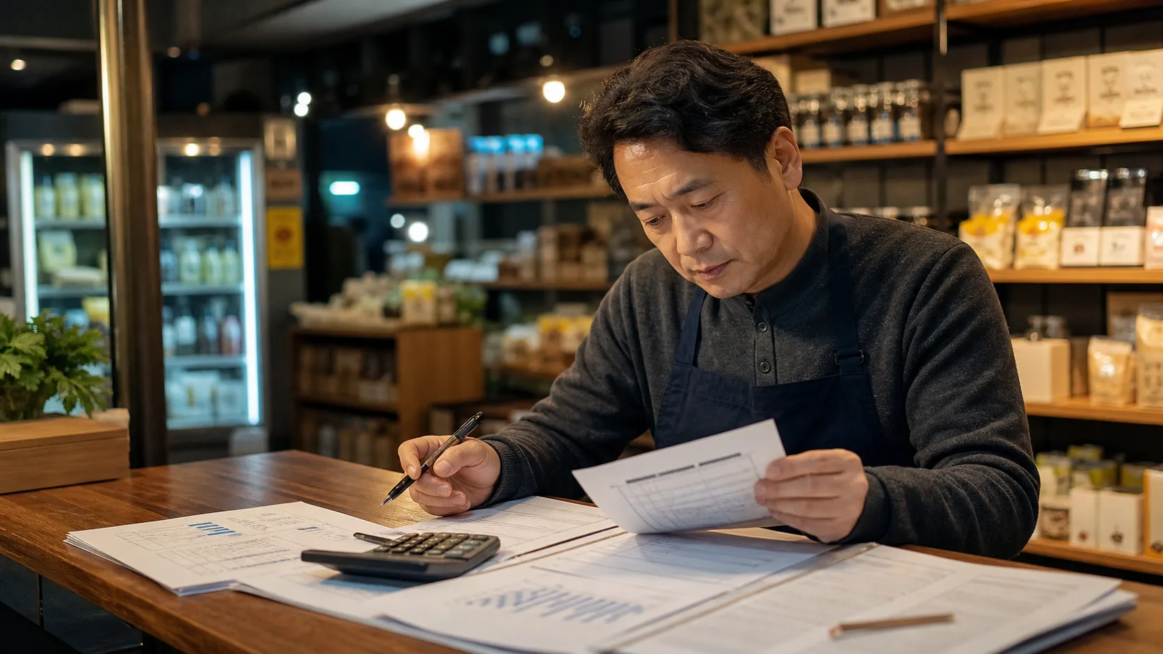 가게에서 계산기와 서류로 비용을 확인하는 소상공인 — AI 생성 예시 이미지