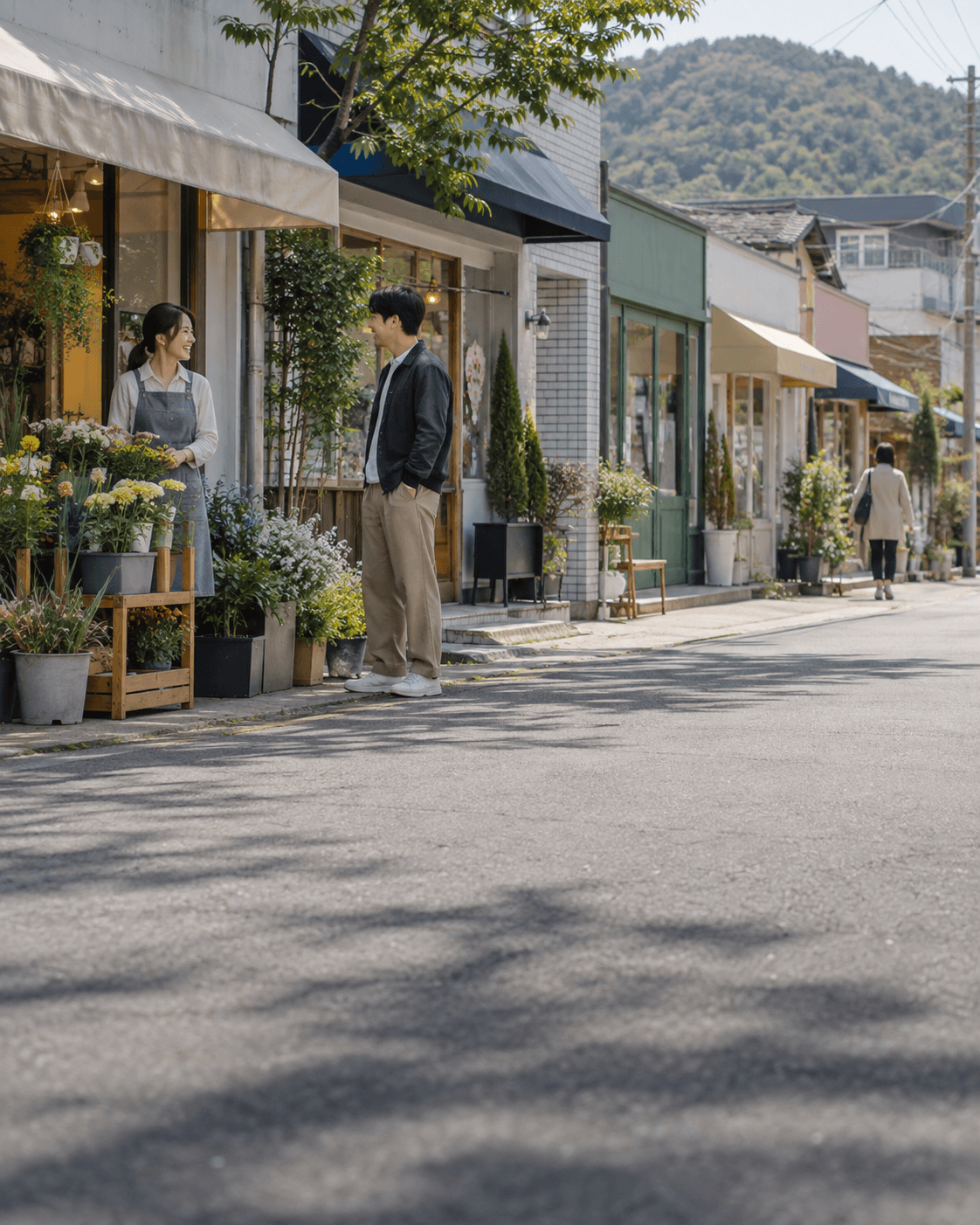 작은 상점과 사업주가 있는 동네 상권 — AI 생성 예시 이미지
