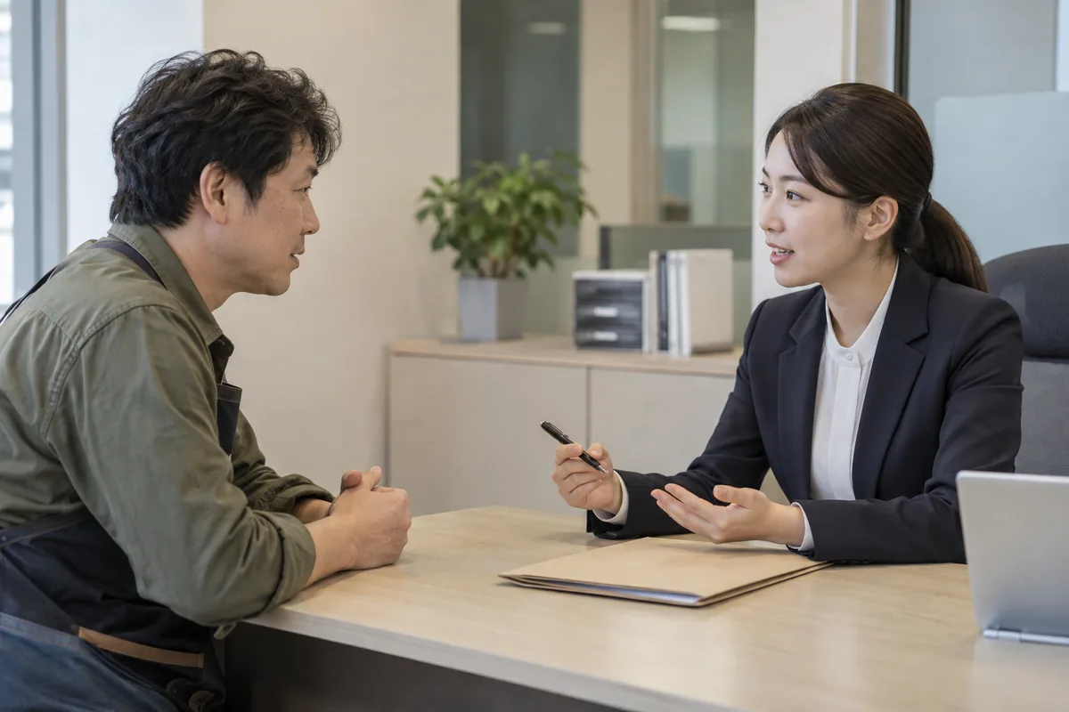 소상공인과 은행 상담원이 상담하는 장면 — AI 생성 설명 이미지, 실제 신청자 아님