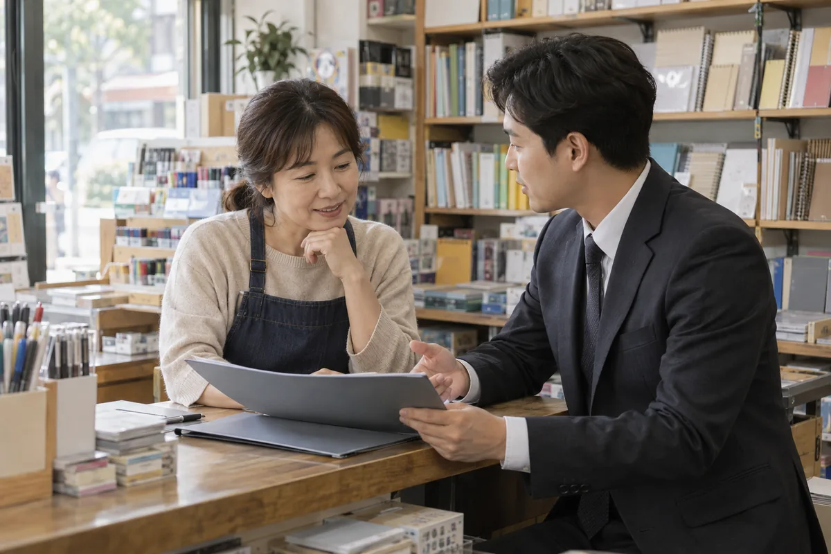 사업자가 상담 자리에서 보험 안내와 사업자 자료를 읽는 장면 — AI 생성 설명 이미지, 실제 신청자 아님