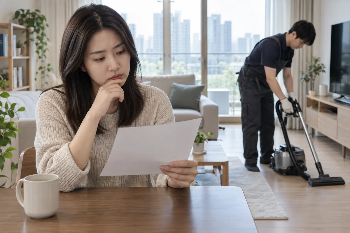 청소 작업자와 함께 견적 종이를 확인하는 모습 — AI 생성 예시 이미지이며 실제 숨고 거래나 작업 현장이 아닙니다