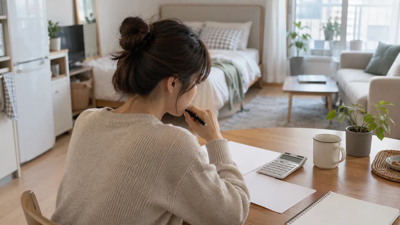 청년이 임차 주택에서 월세 이체 내역과 계약서를 확인하는 장면 — AI 생성 설명 이미지, 실제 신청자 아님