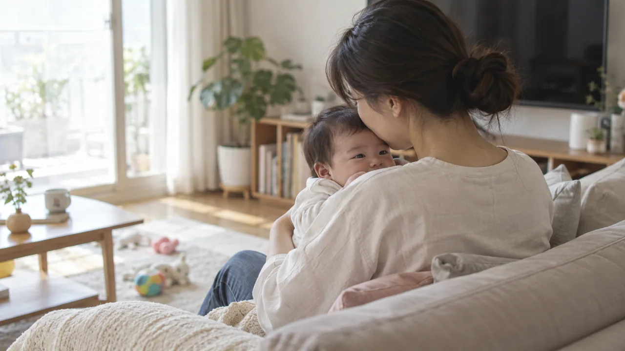 부모가 자녀를 돌보며 휴직 중 가계 계획을 살펴보는 장면 — AI 생성 설명 이미지, 실제 수급자 아님