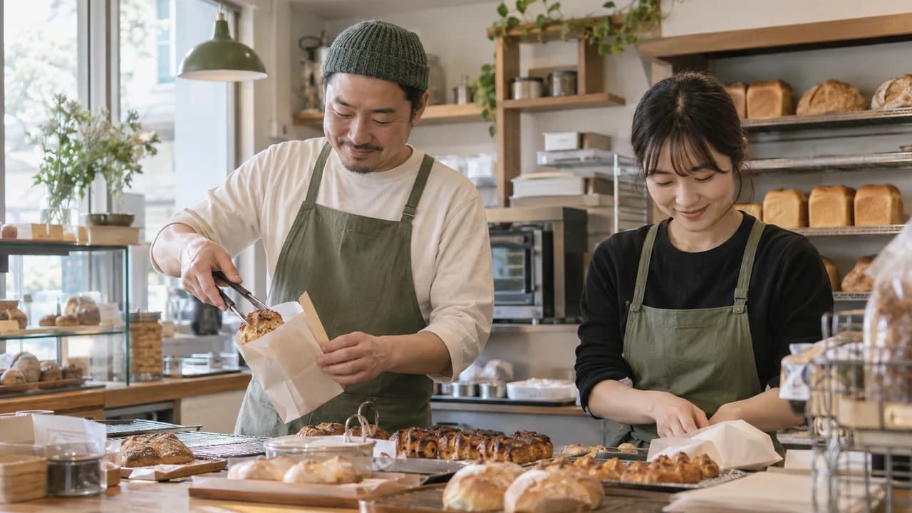 작은 제과점에서 두 성인 직원이 제품을 포장하는 장면 — AI 생성 설명 이미지, 실제 수급자 아님