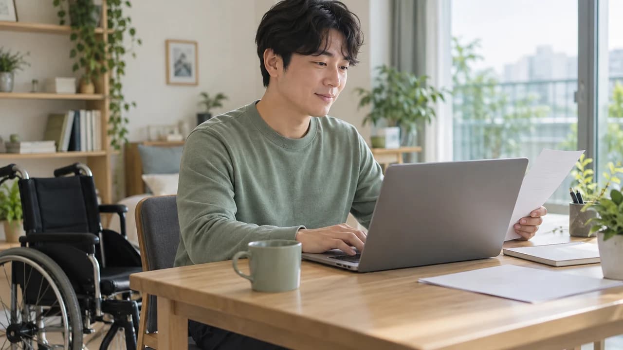 성인이 집 책상에서 노트북과 종이를 확인하고 옆에 휠체어가 놓인 장면 — AI 생성 설명 이미지, 실제 수급자 아님