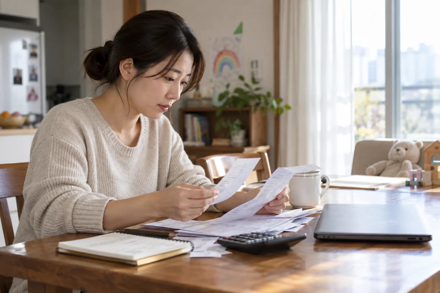 가정에서 영수증과 소득 자료를 정리하는 장면 — AI 생성 설명 이미지, 실제 신청자 아님