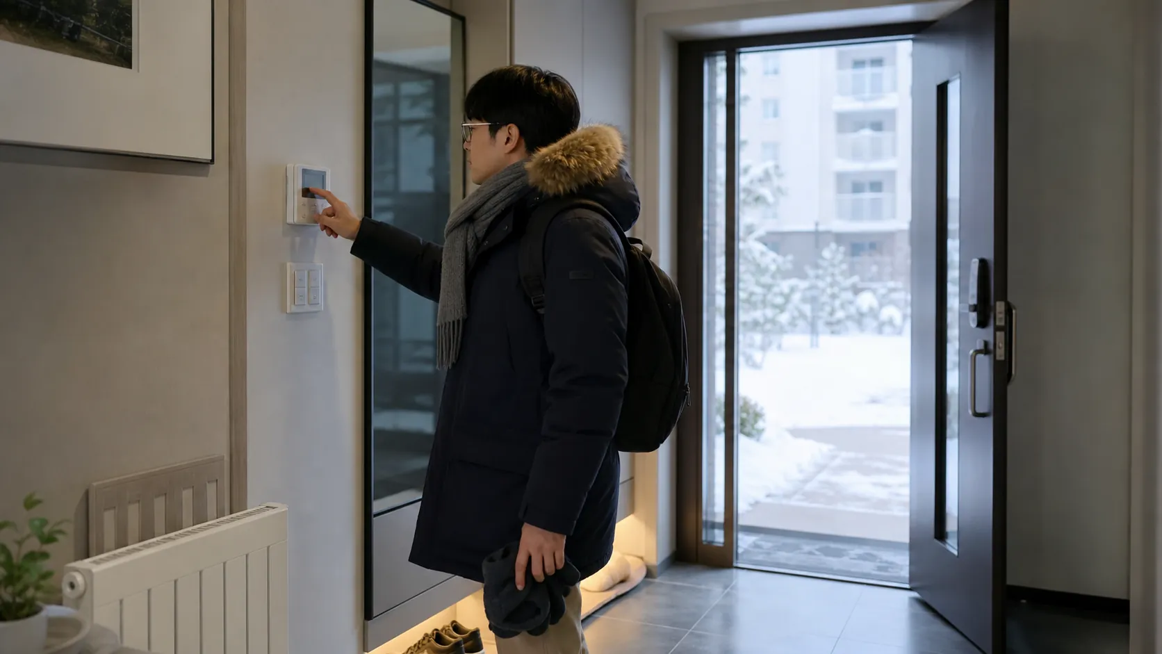겨울 외출 전 현관에서 보일러 조절기를 설정하는 사람