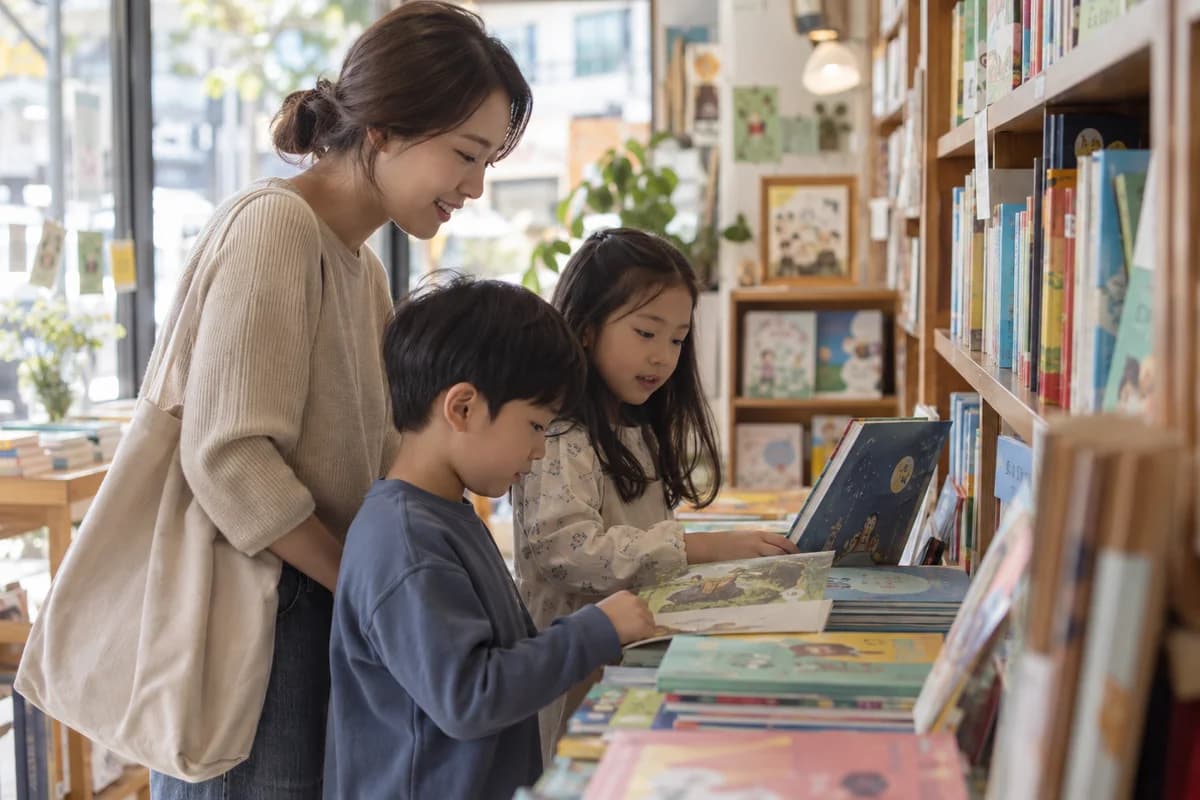 서점에서 두 자녀와 책을 고르는 부모 — AI 생성 예시 이미지