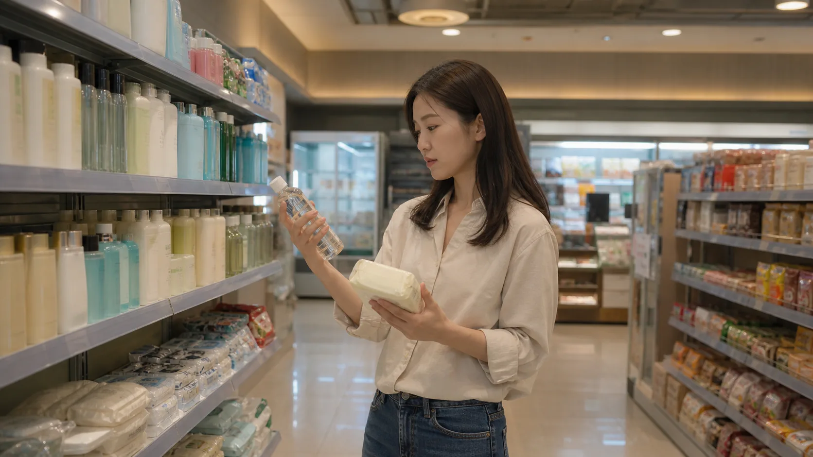 브랜드 표시 없는 편의점에서 묶음상품의 단가와 결제조건을 확인하는 소비자