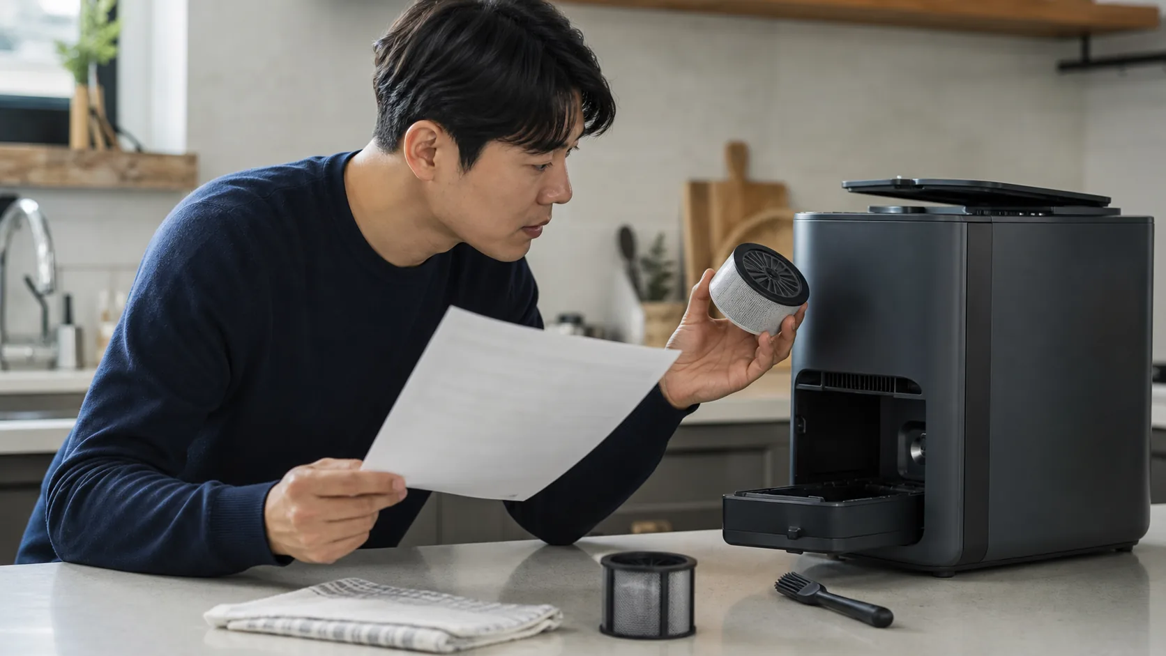 주방에서 음식물처리기의 필터와 전기 사용 기록을 함께 점검하는 모습