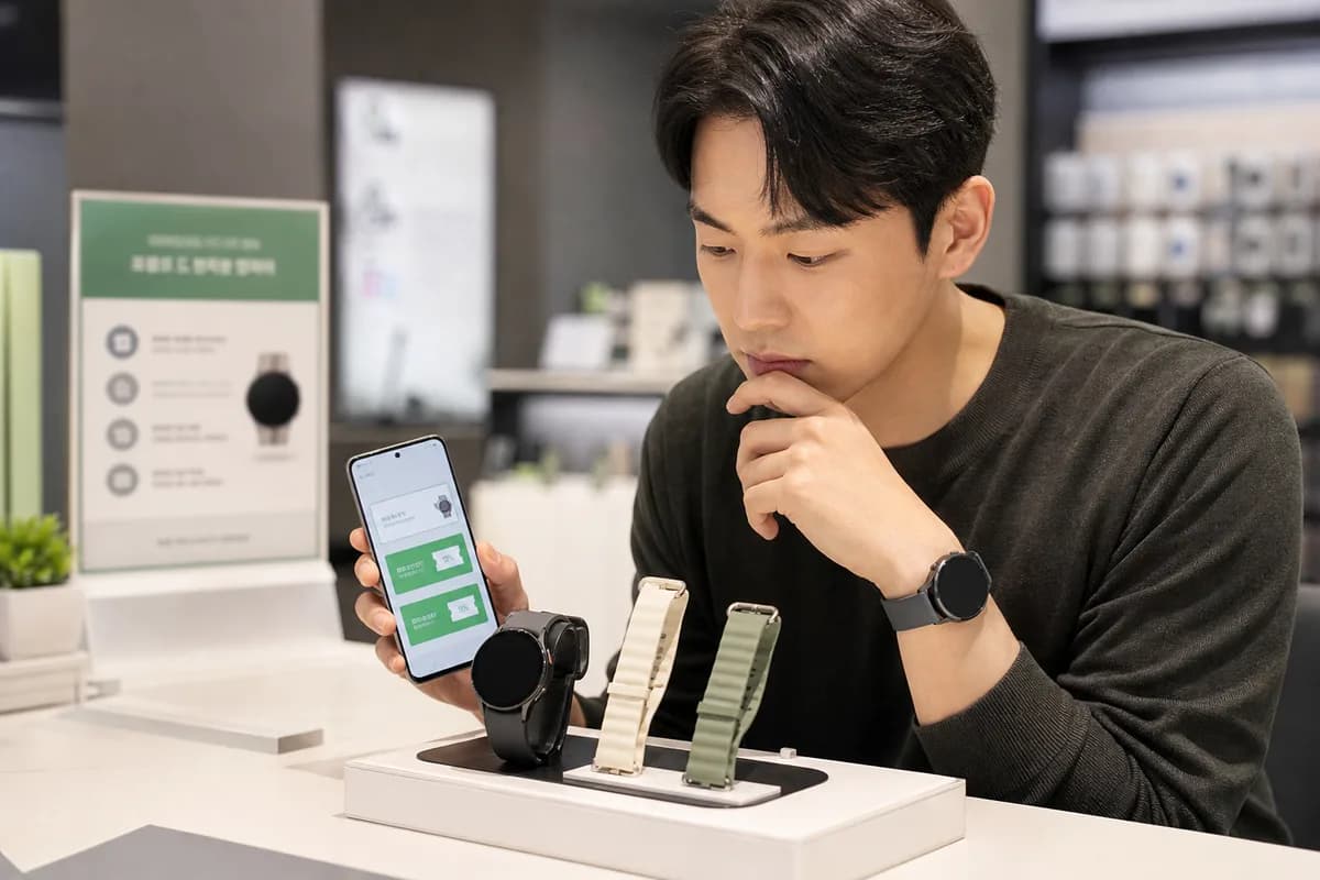 매장에서 스마트워치 밴드와 휴대전화 쿠폰을 비교하는 사람