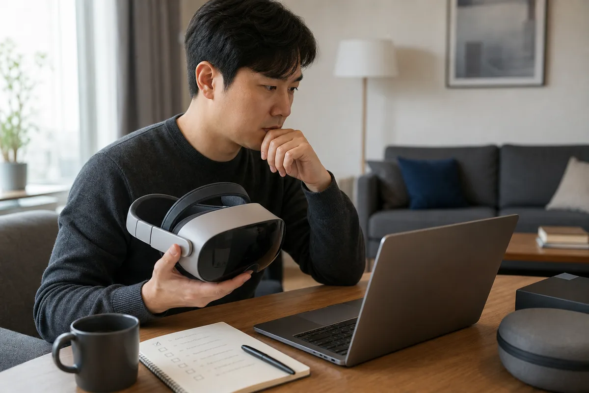 XR 헤드셋 구매 전 노트북으로 구독 조건을 확인하는 사람