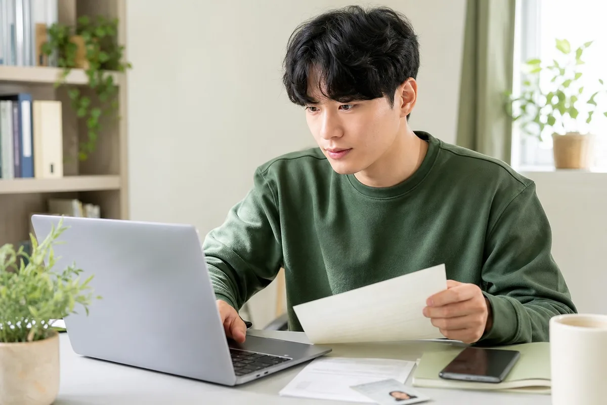 청년이 노트북으로 지원금 신청 서류를 확인하는 모습