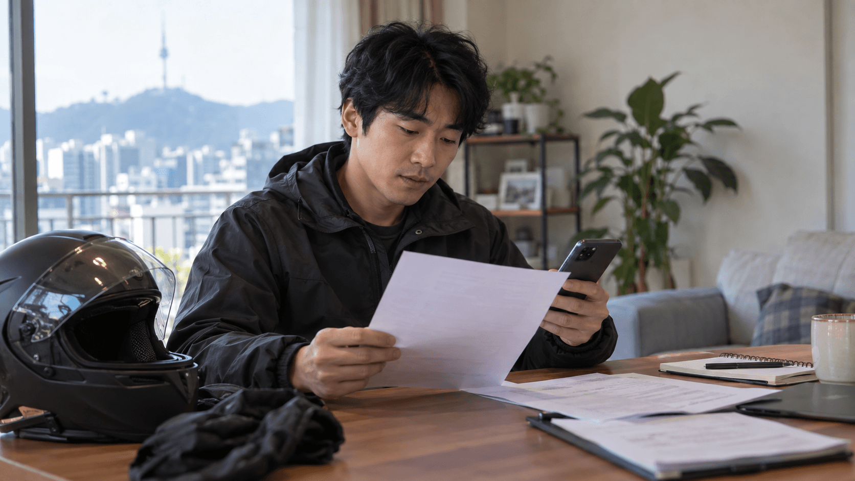 안전모를 옆에 두고 서류와 스마트폰을 확인하는 배달기사의 연출 이미지