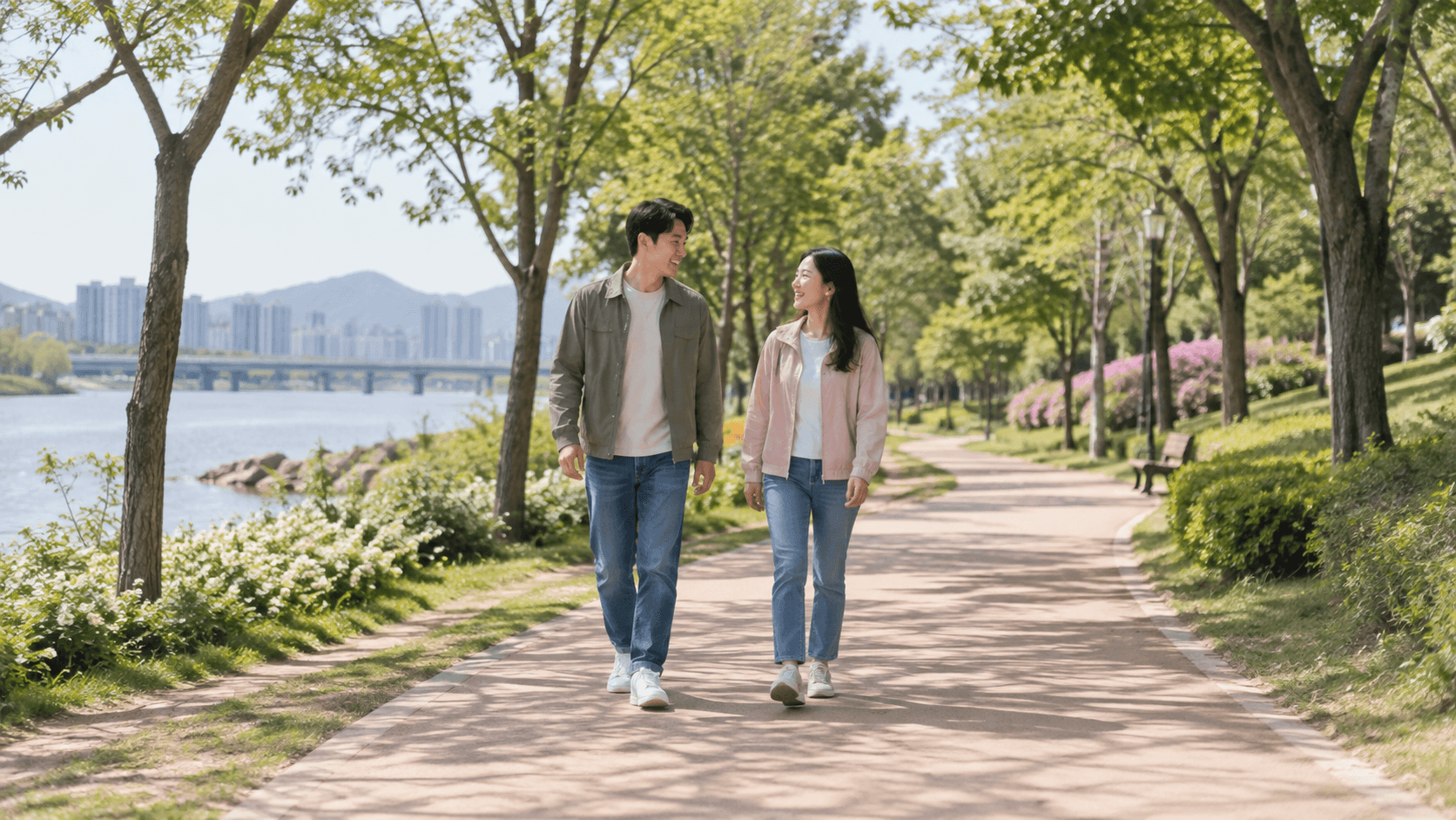 공원 산책길을 편안하게 걷는 사람들