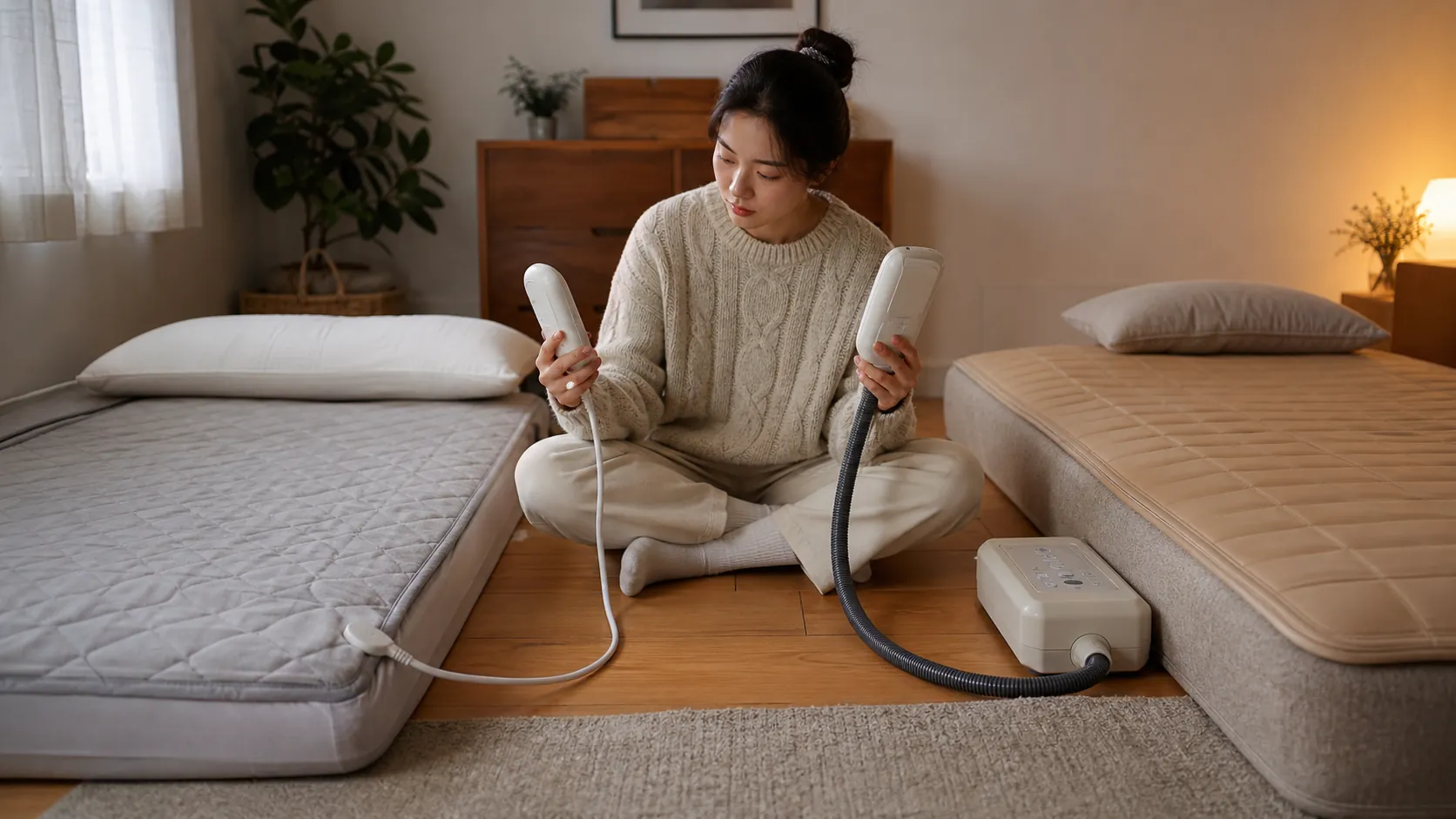 침실에서 전기장판과 온수매트 조절기를 나란히 비교하는 사람
