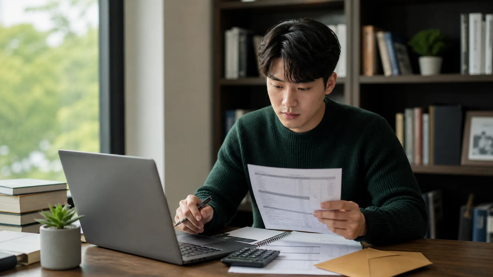 계산기와 노트북을 앞에 두고 자금 관련 서류를 검토하는 사람 — AI 생성 예시 이미지