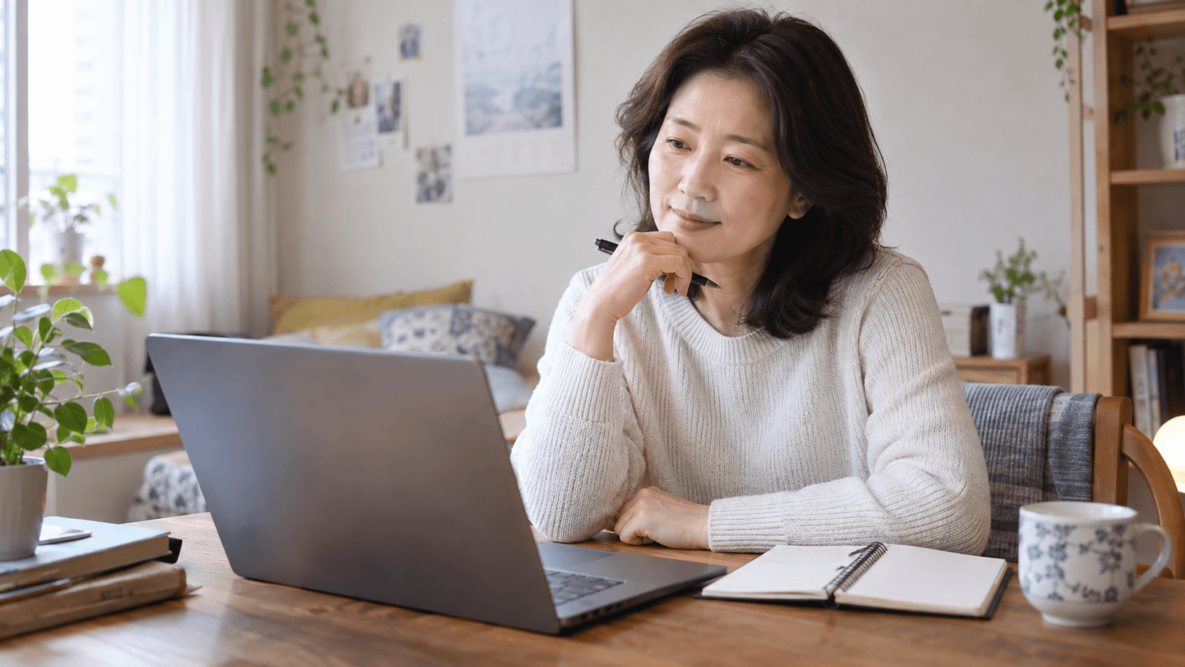 노트북과 노트를 보며 구직 계획을 정리하는 중년 여성 — AI 생성 예시 이미지