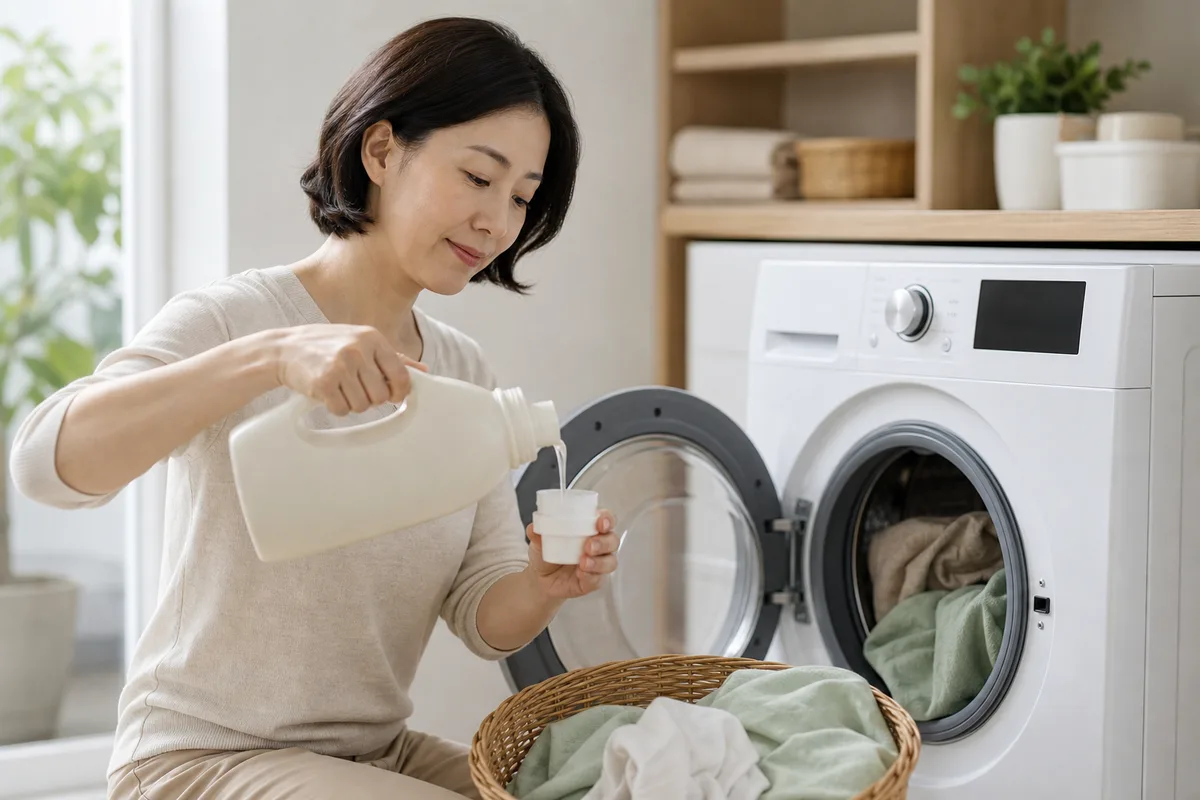 세탁기 앞에서 액체 세제를 계량컵에 맞춰 붓는 사람
