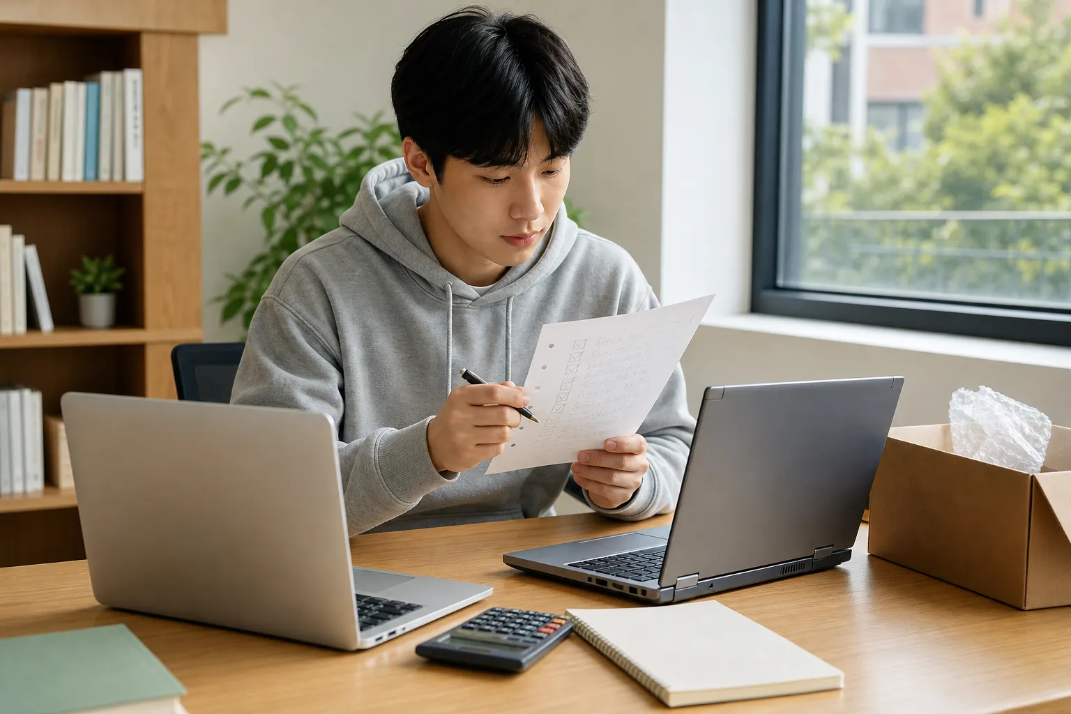 새 노트북 구매와 기존 노트북 중고보상 조건을 비교하는 학생
