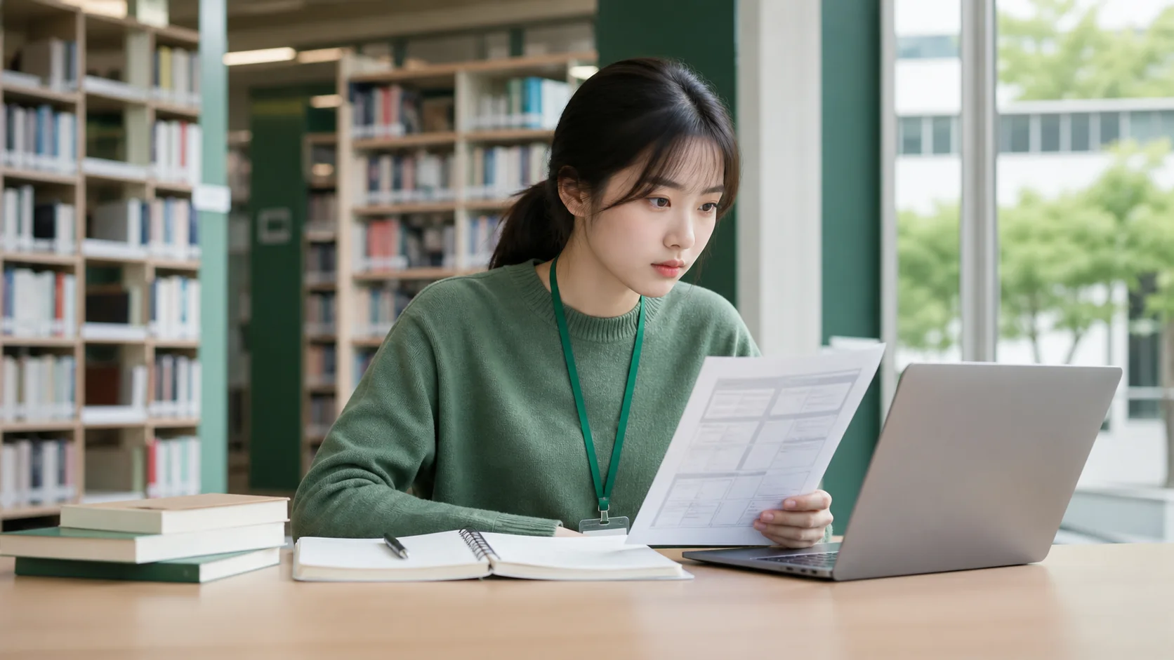 대학 도서관에서 국가근로 신청서류를 확인하는 학생