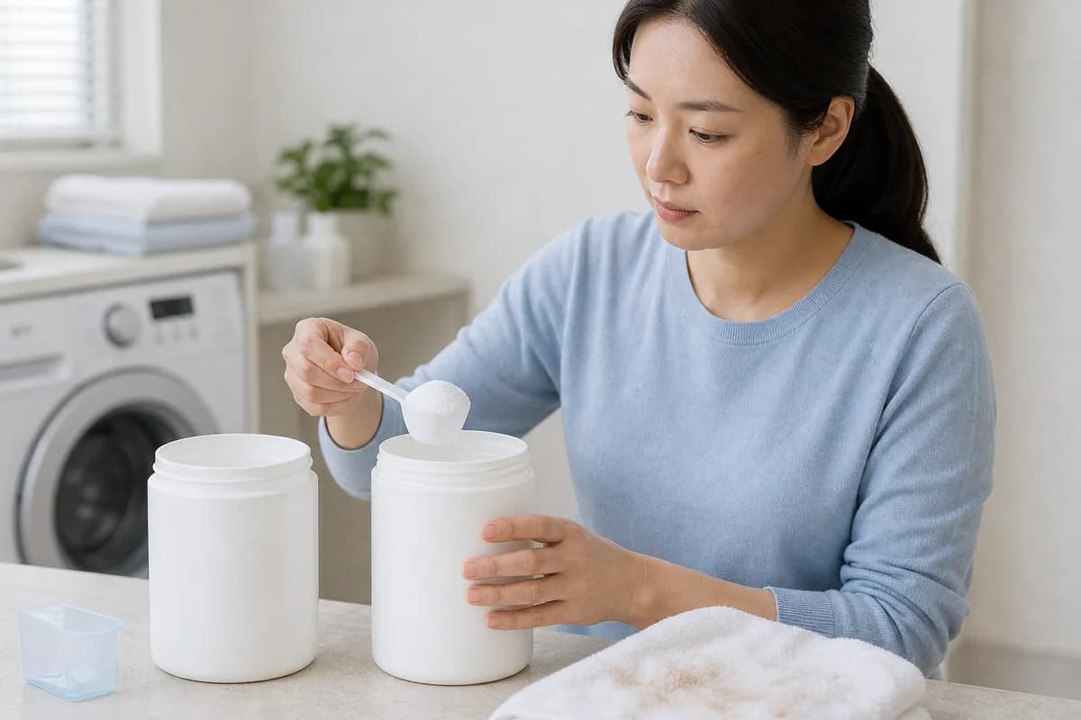 산소계 표백제 두 통과 계량스푼을 비교하는 사람