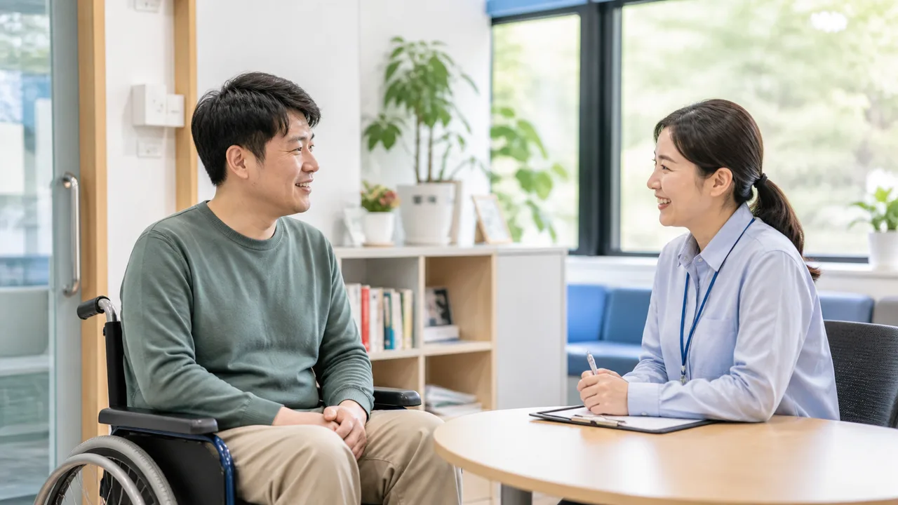 접근 가능한 상담실에서 복지 상담을 받는 휠체어 이용자