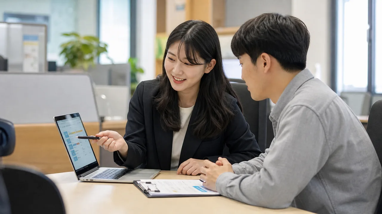 노트북과 서류를 펼쳐 상담하는 두 사람 — AI 생성 예시 이미지