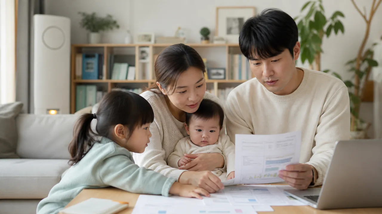 아기와 함께 출산지원 서류를 살펴보는 가족