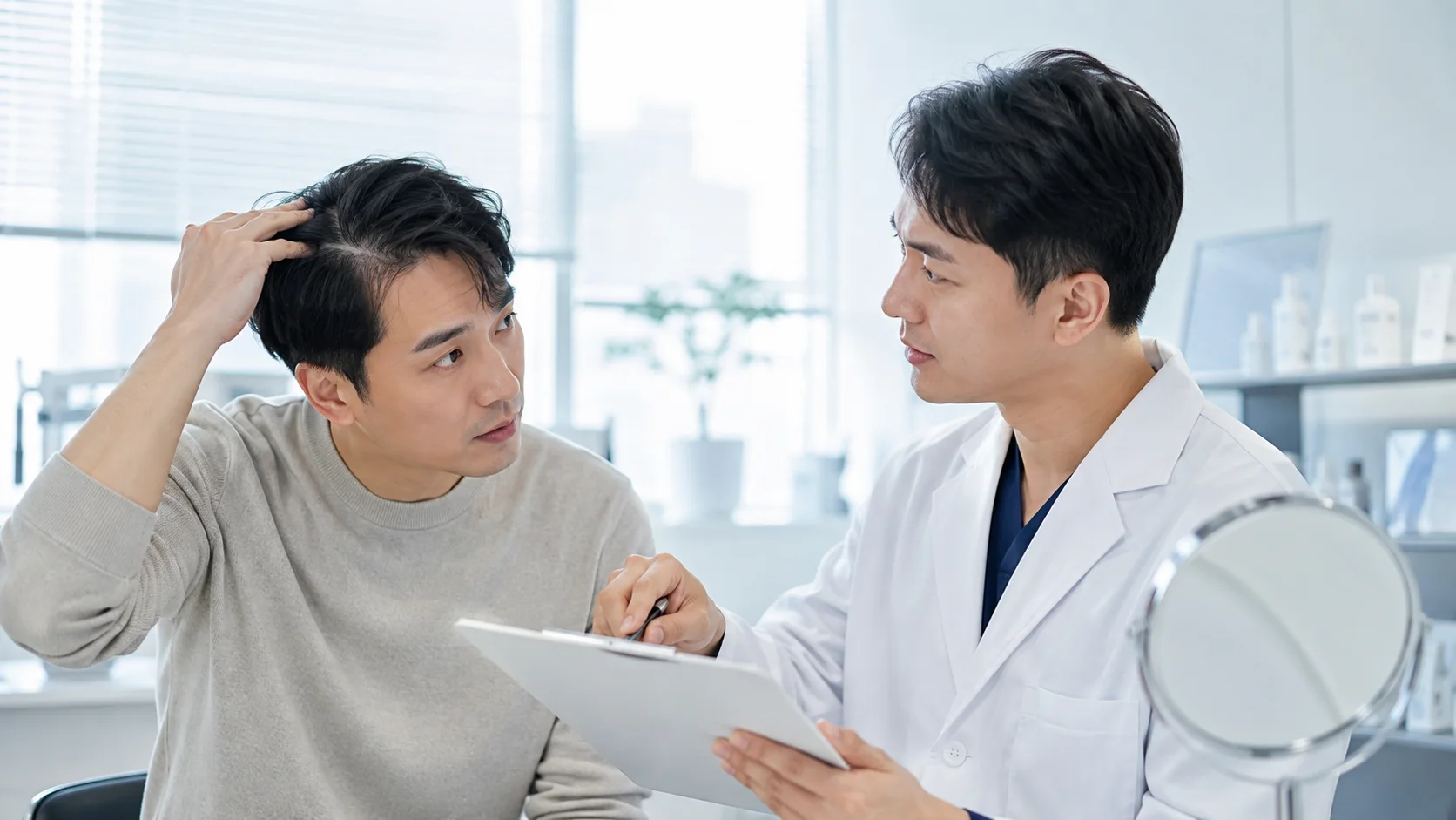 피부과 진료실에서 두피 상태와 치료 서류를 상담하는 환자