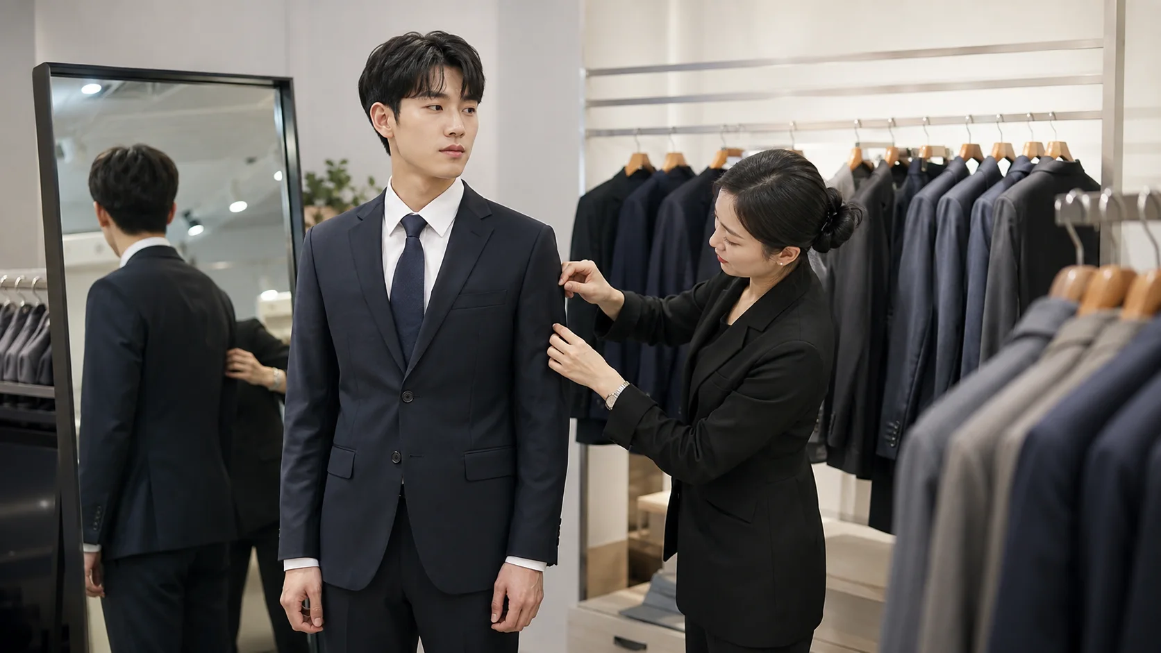 정장 대여점에서 면접용 재킷을 피팅하는 청년
