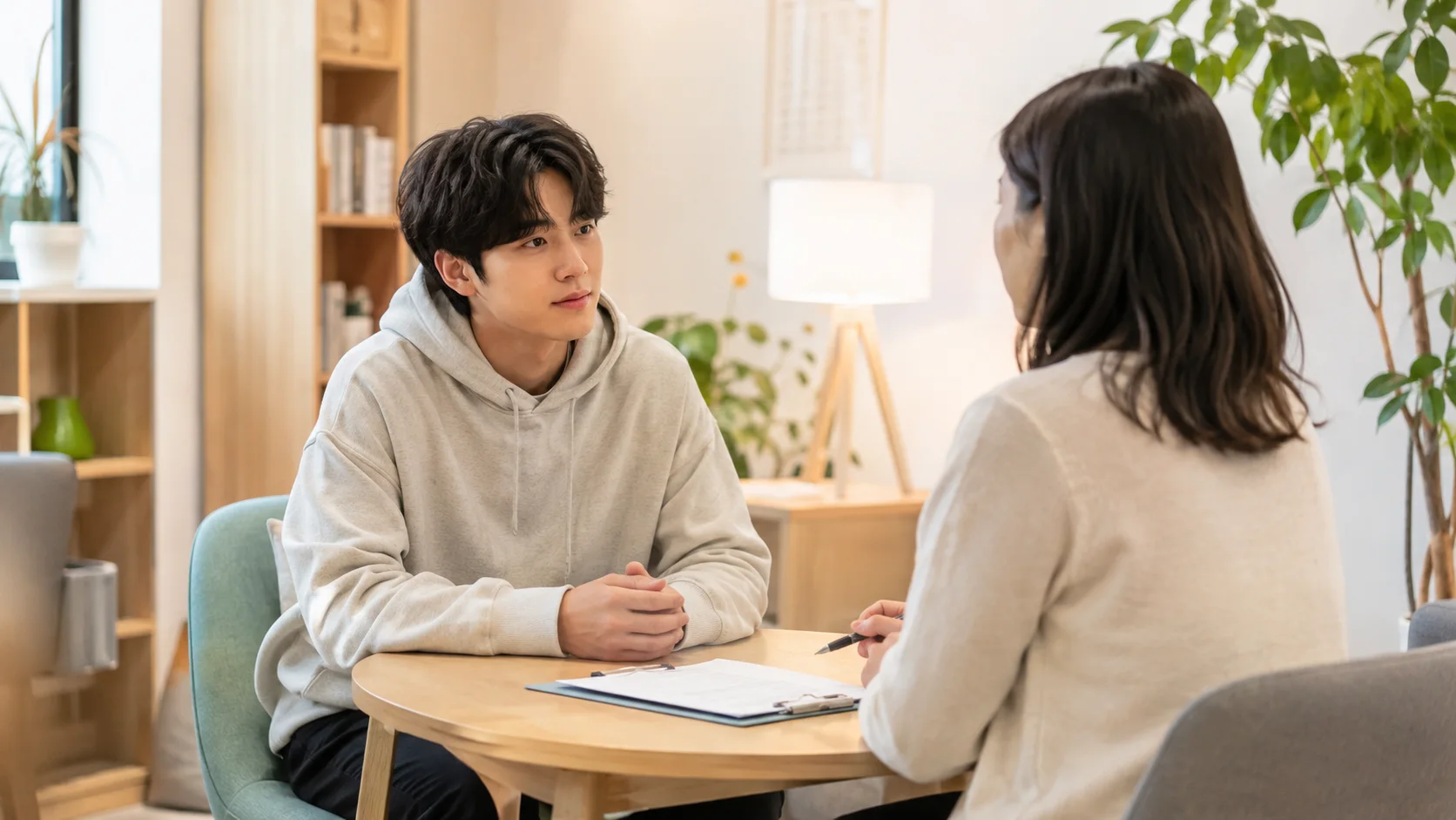 청년지원 공간에서 상담자와 일대일로 대화하는 청년