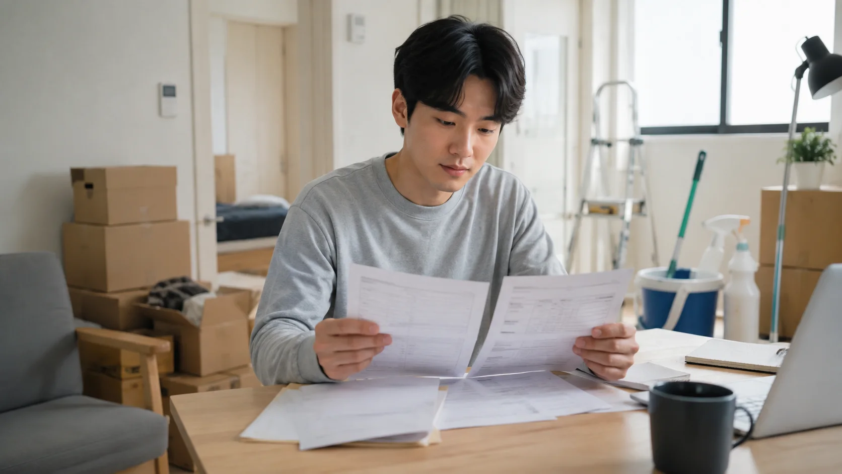 이삿짐 상자가 놓인 집에서 서류를 확인하는 사람 — AI 생성 예시 이미지