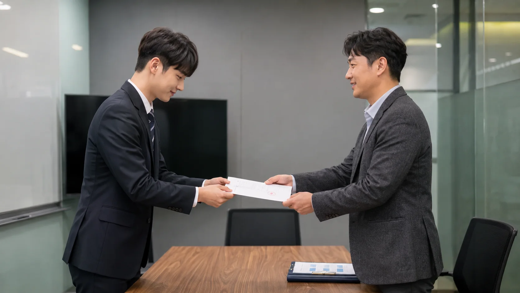 기업 면접실에서 면접확인 서류를 건네받는 청년