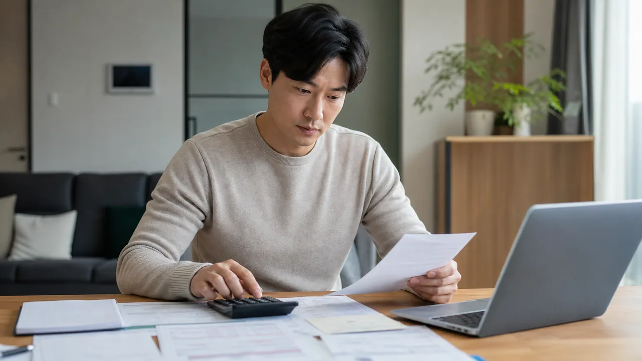 계산기와 노트북으로 납부 서류를 확인하는 사람 — AI 생성 예시 이미지