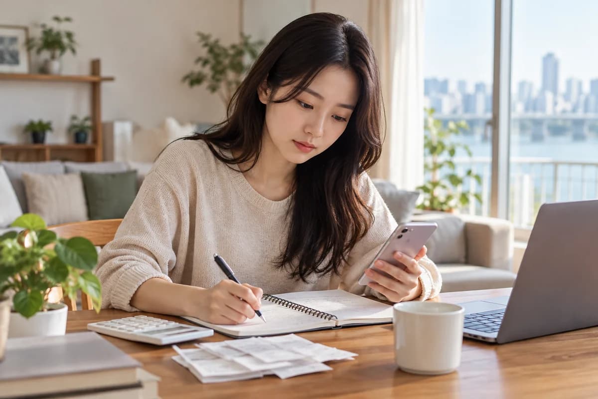 청년이 가계부와 휴대전화로 저축 계획을 확인하는 장면 — AI 생성 설명 이미지