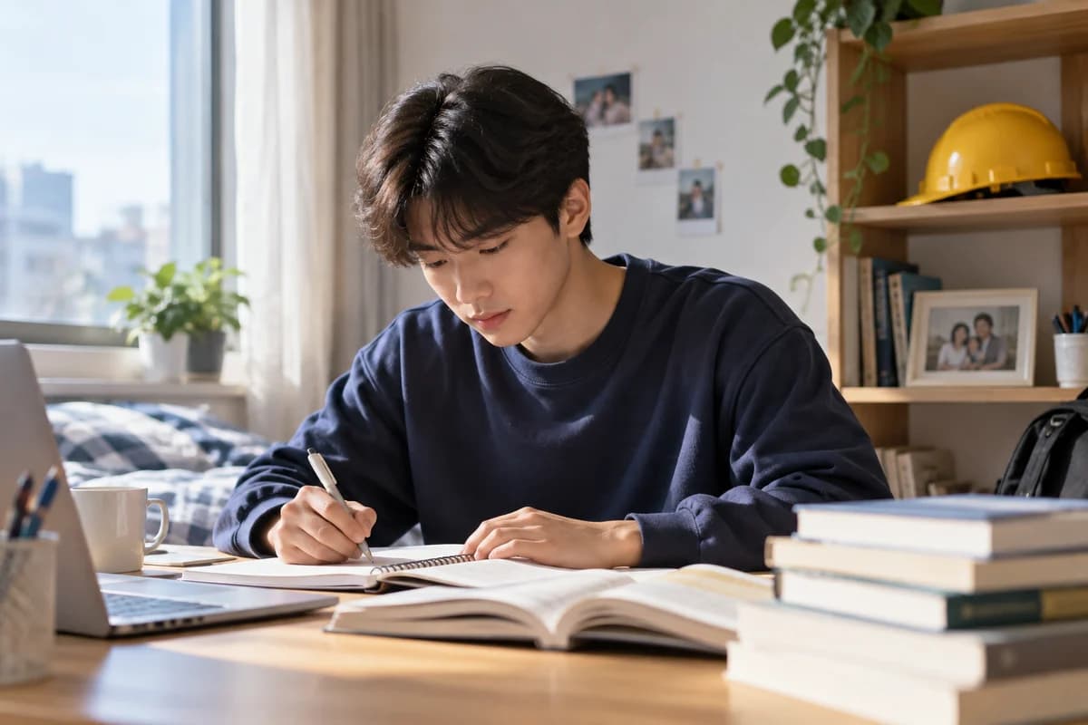 안전모가 놓인 선반 옆에서 공부하는 대학생 — AI 생성 설명 이미지, 실제 수혜자 아님