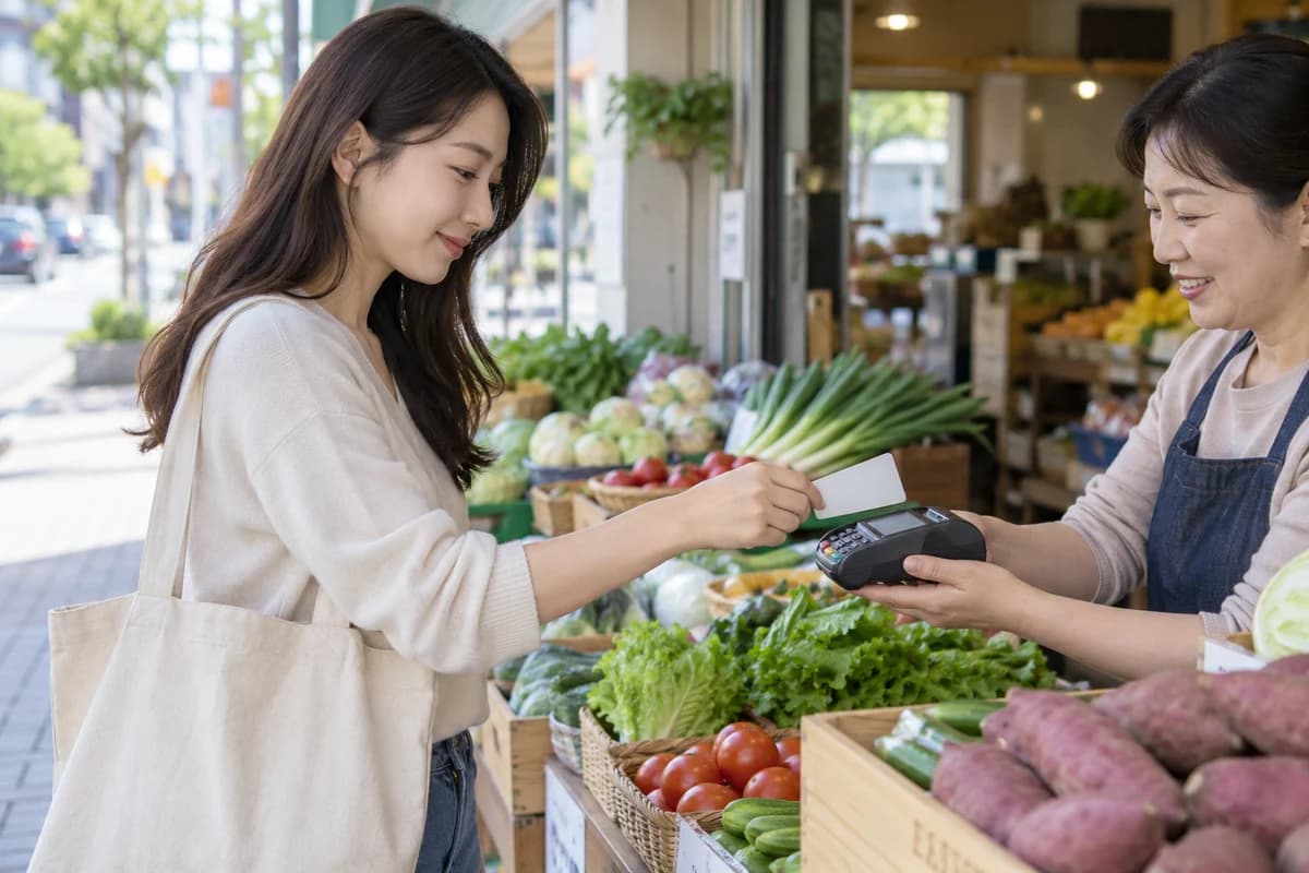 동네 식료품점에서 카드로 결제하는 장면 — AI 생성 설명 이미지, 실제 지급 카드 아님