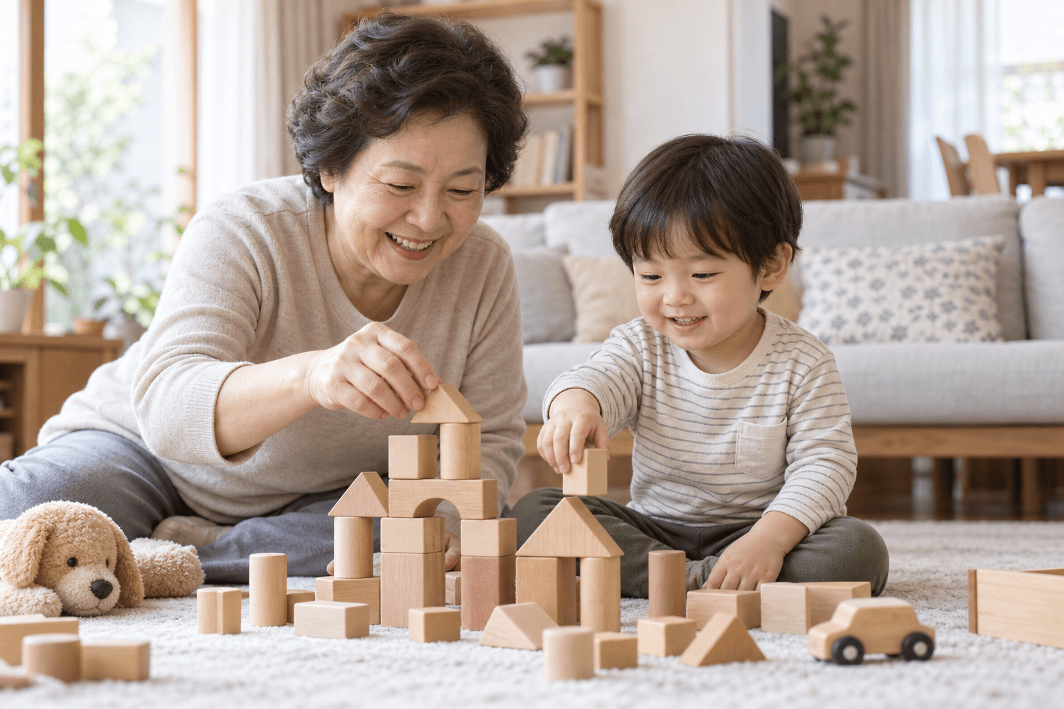 거실에서 어린아이와 나무 블록을 쌓는 노년 여성의 AI 생성 이미지