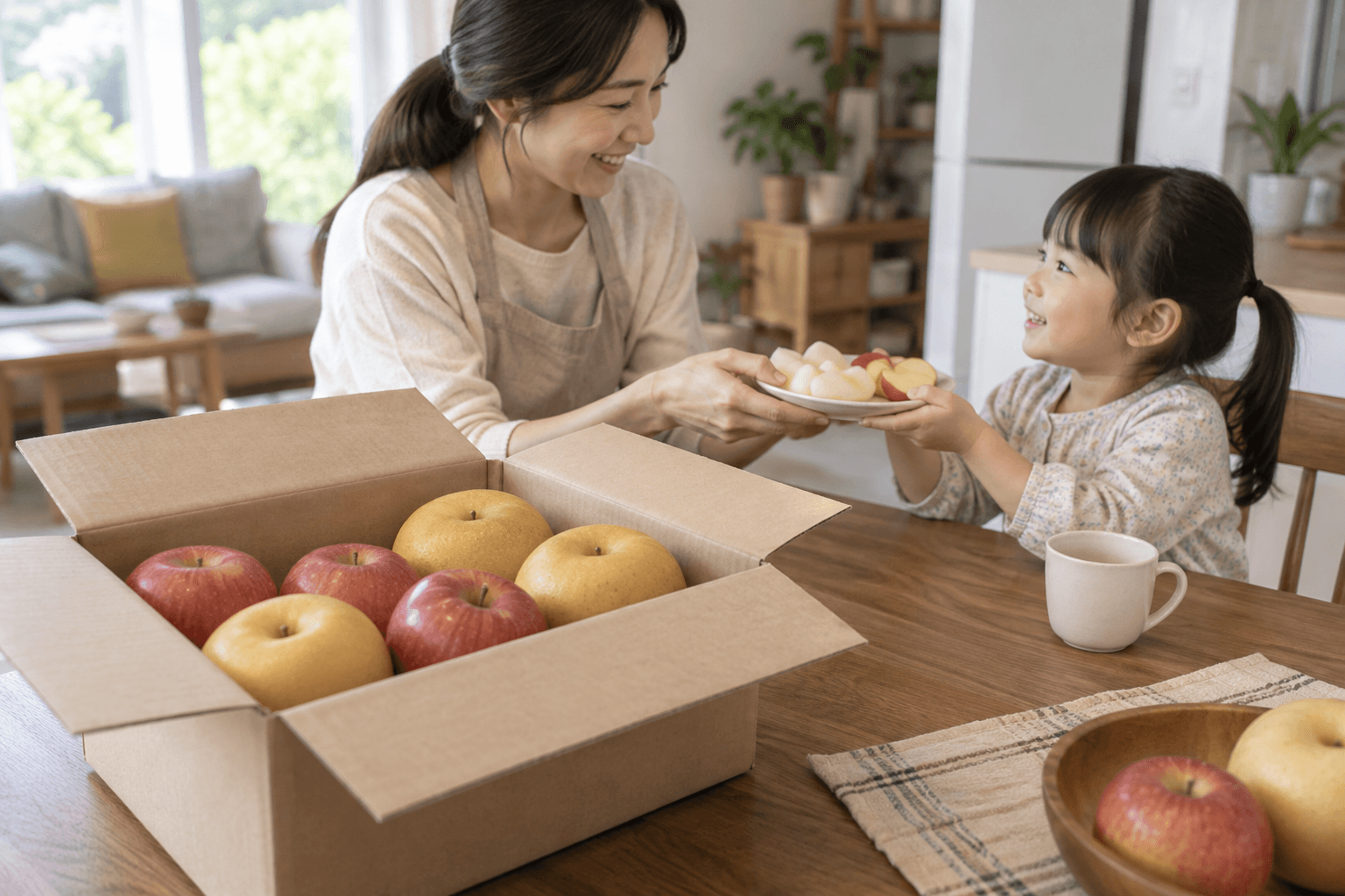 과일 상자 옆에서 아이에게 과일 접시를 건네는 여성 — 실제 꾸러미 구성과 다른 AI 생성 예시 이미지