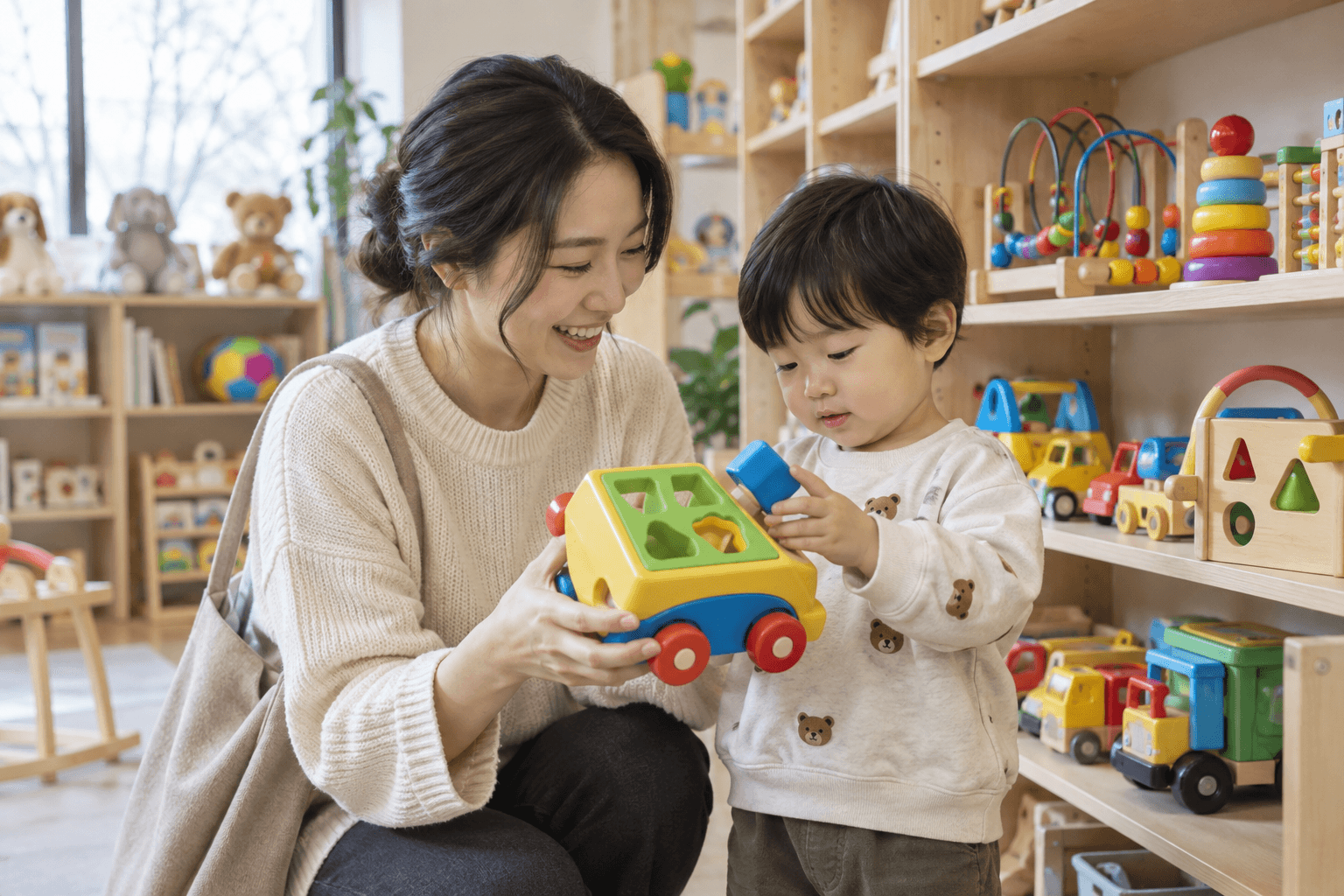 보호자와 아이가 장난감을 살펴보는 모습 — AI 생성 예시 이미지이며 실제 토이저러스 매장이나 행사 상품이 아닙니다
