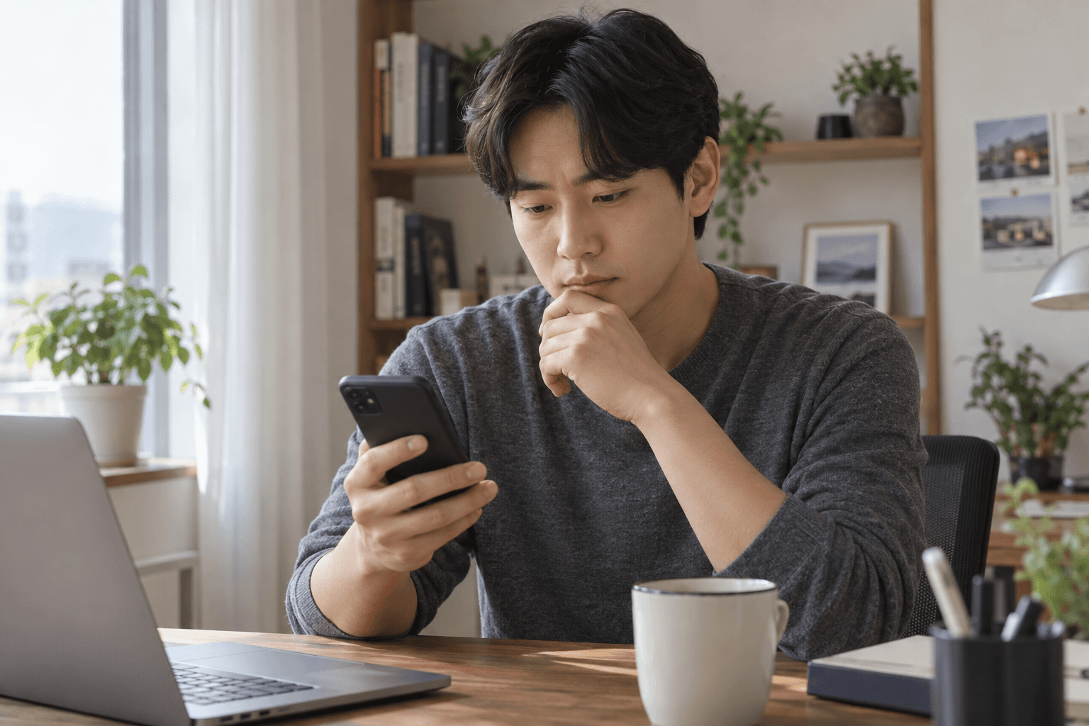 집 책상에서 스마트폰을 살펴보는 성인의 AI 생성 예시 이미지