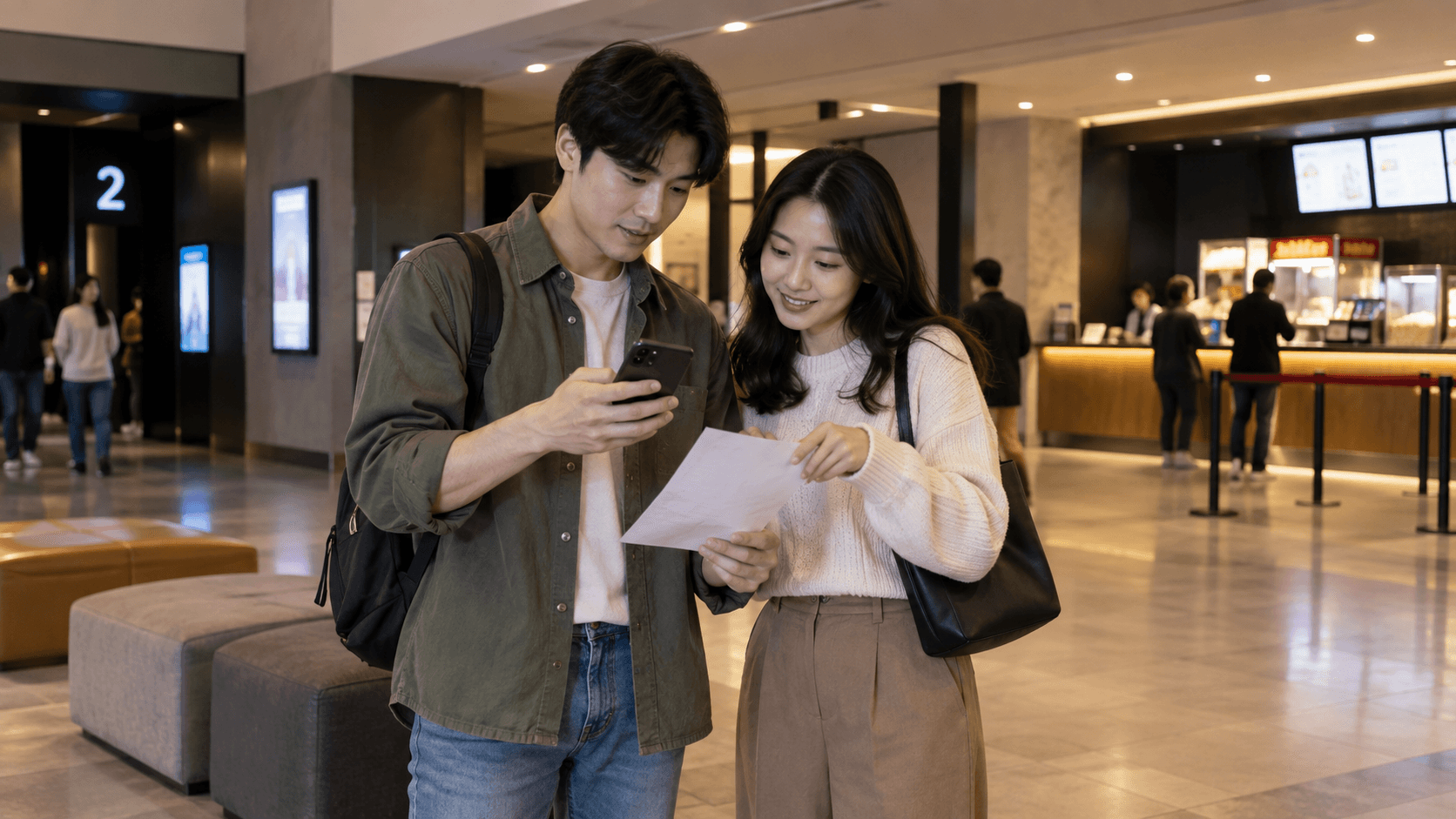 공연 관람 전 로비에서 관람 일정과 예산을 확인하는 두 사람