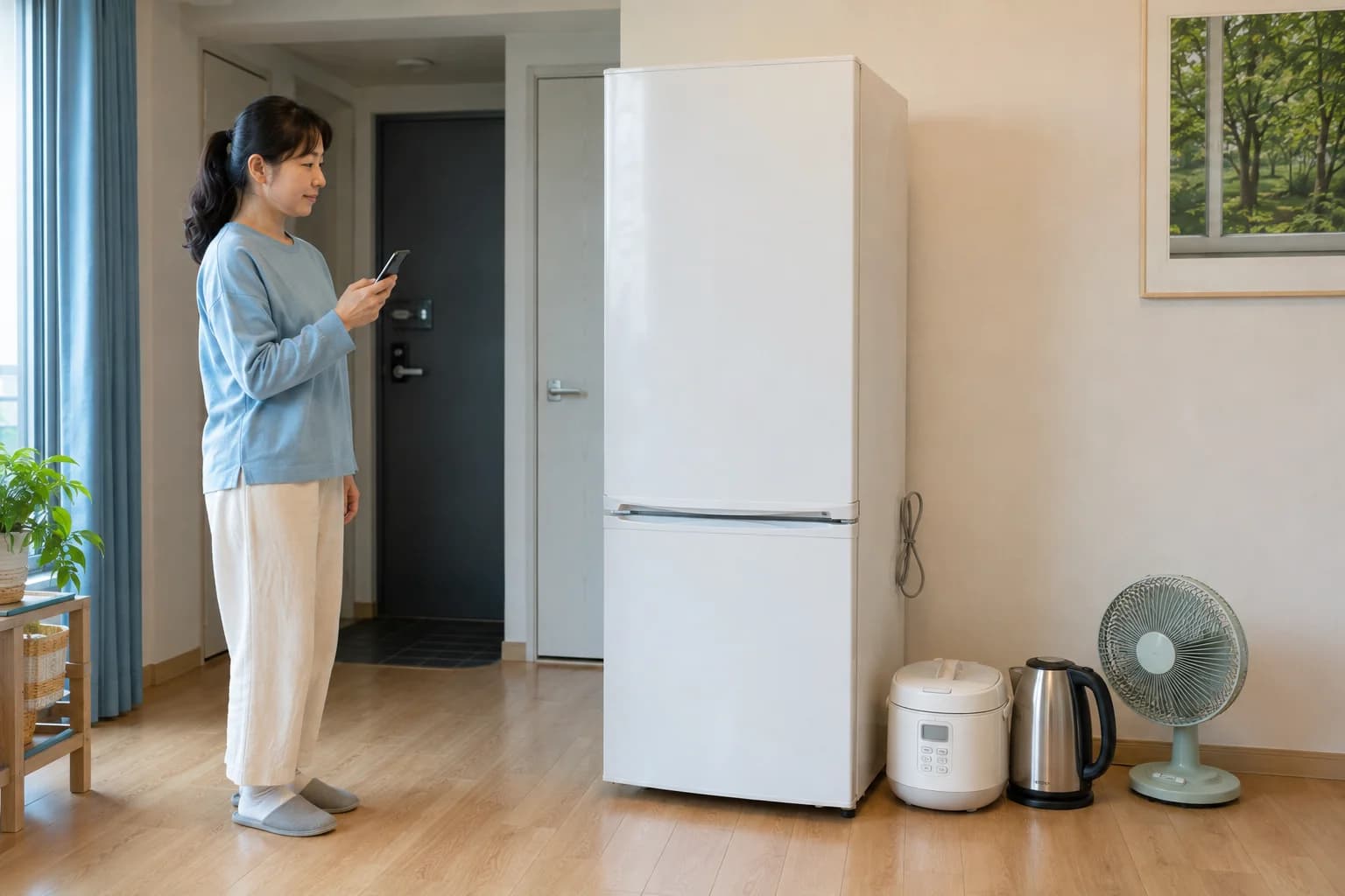 집 안에서 냉장고와 소형 폐가전을 정리하고 휴대전화로 방문수거를 준비하는 모습