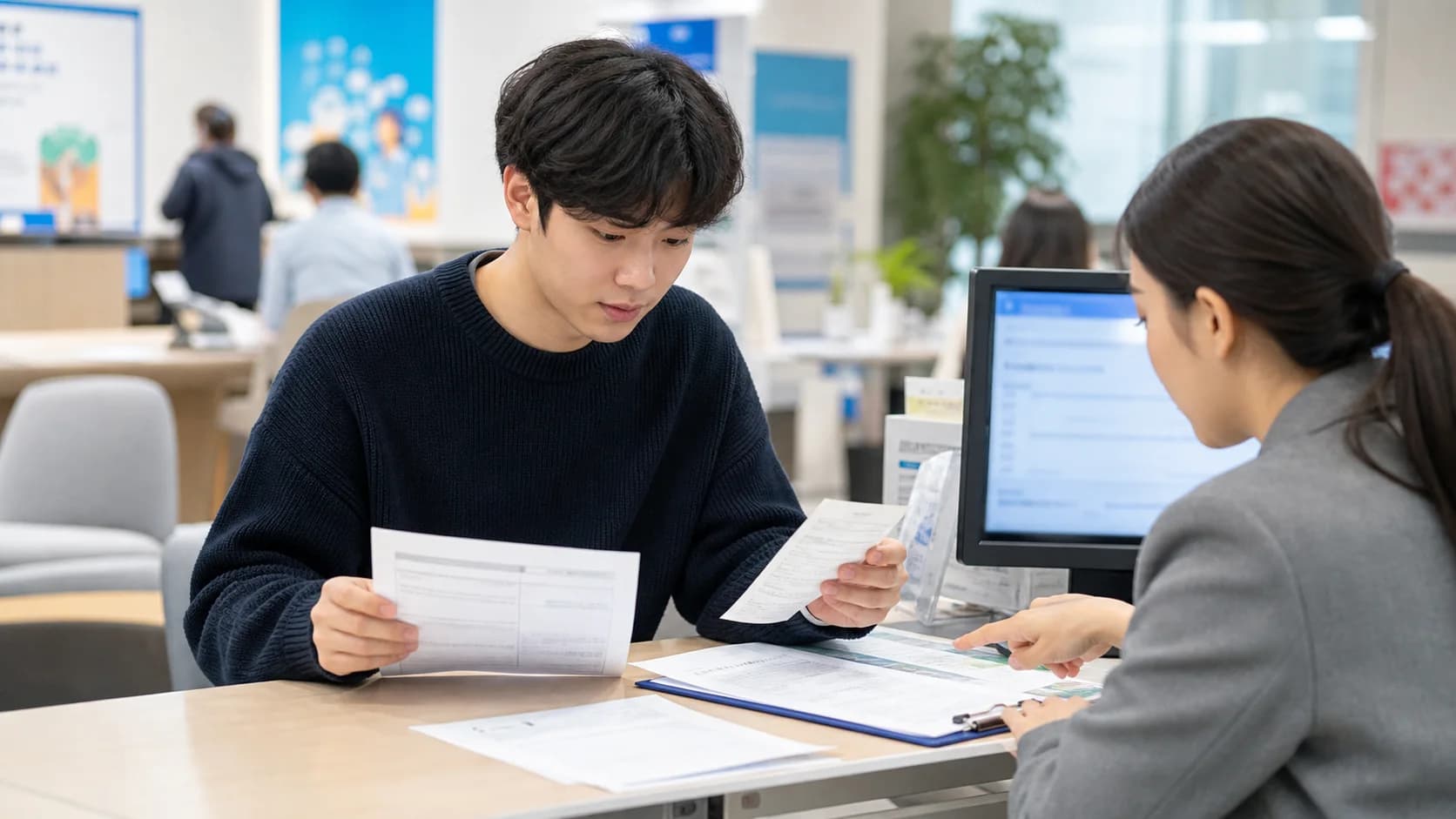 창구에서 응시료 관련 서류를 확인하는 청년 — AI 생성 예시 이미지