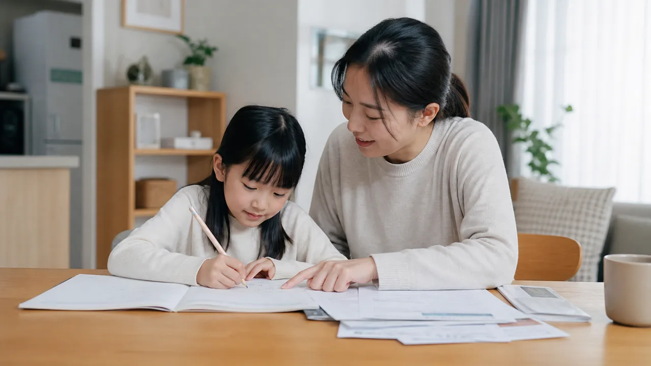 집에서 아이의 공부를 도우며 서류를 확인하는 한부모 가족